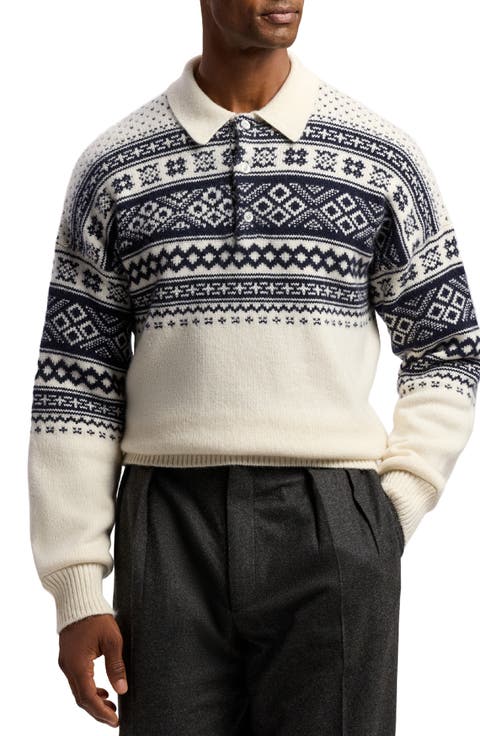 Holiday Fair Isle Long Sleeve Cashmere Polo Sweater