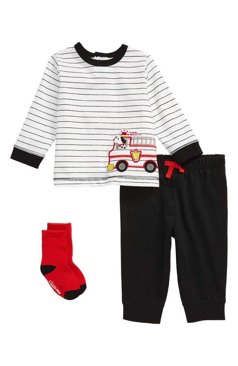 Little Me Fire Truck T-Shirt, Joggers & Socks Set, Main, color, 