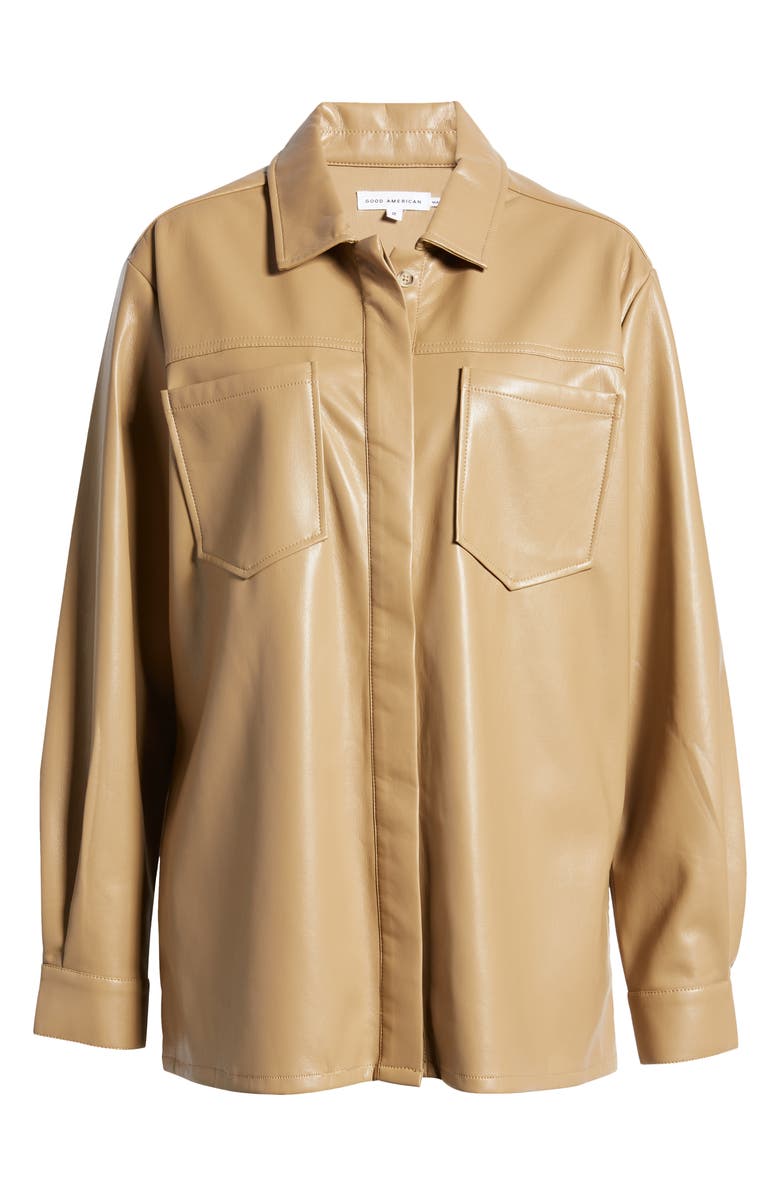 Good American Faux Leather Split Back Button-Up Shirt, Alternate, color, Warm Caramel003
