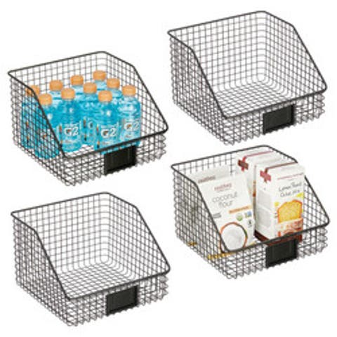 Metal Open-Front Pantry Basket with Label Plate - Set of 4 - Matte Black