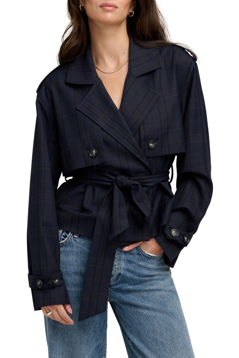 The Cropped Charles Plaid Trench Coat, Main, color, MIDNIGHT PLAID