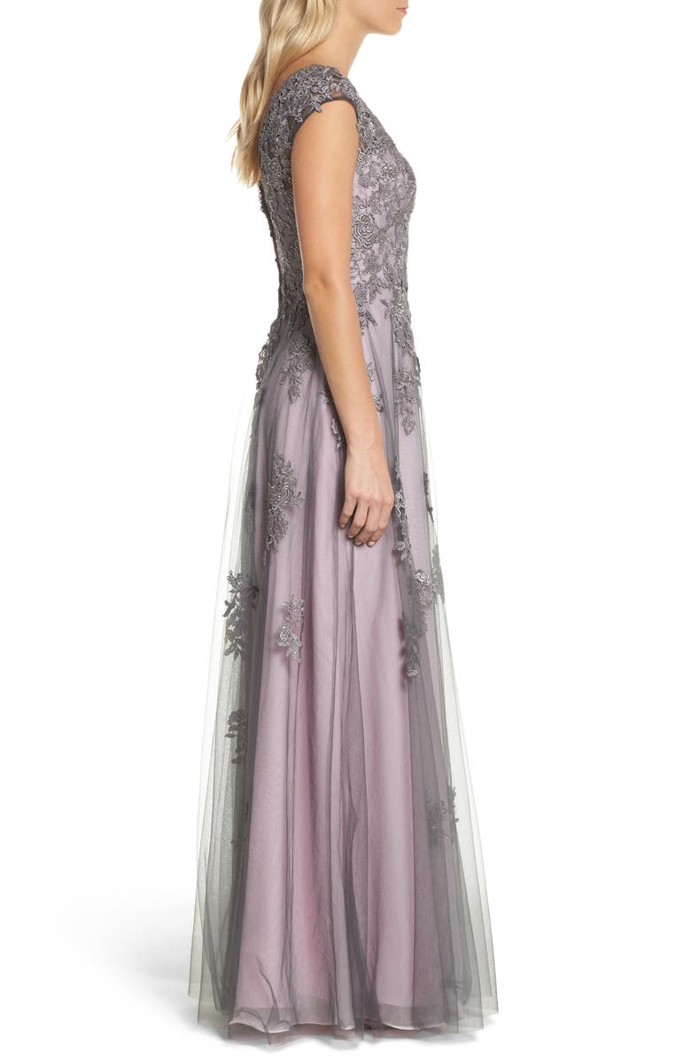 La Femme Embellished Mesh A-Line Gown, Alternate, color, 