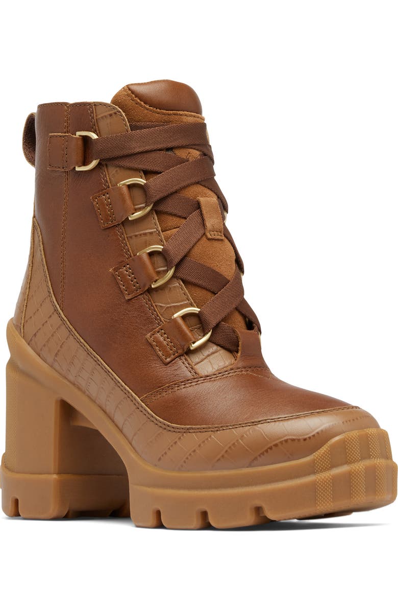 SOREL Caribou X Waterproof Lace-Up Block Heel Bootie, Main, color, Velvet Tan/ Tobacco