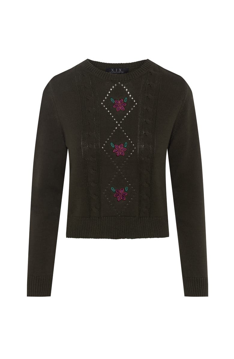 Diciannove Cable Knit Center Front Embroidered Cotton Sweater, Main, color, Dark Olive