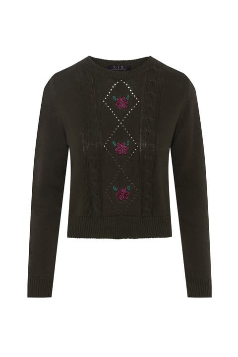 Cable Knit Center Front Embroidered Cotton Sweater