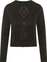 Diciannove Cable Knit Center Front Embroidered Cotton Sweater