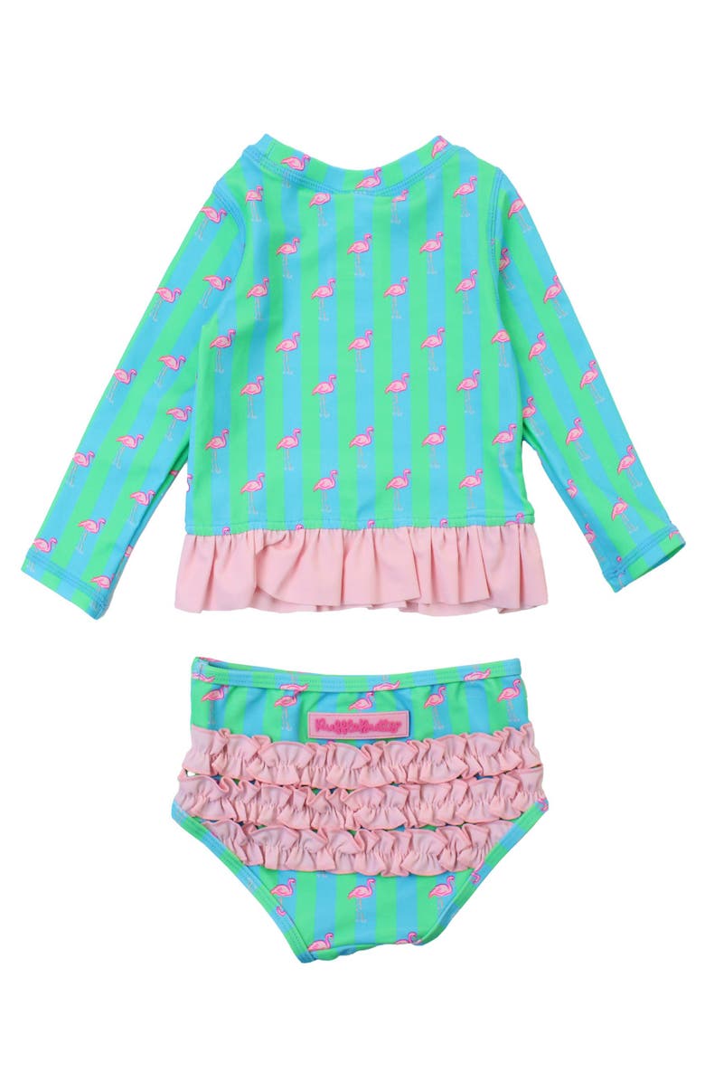 RuffleButts Baby Girls UPF50+ Long Sleeve Rash Guard Bikini, Alternate, color, Neon Flamingo Stripe
