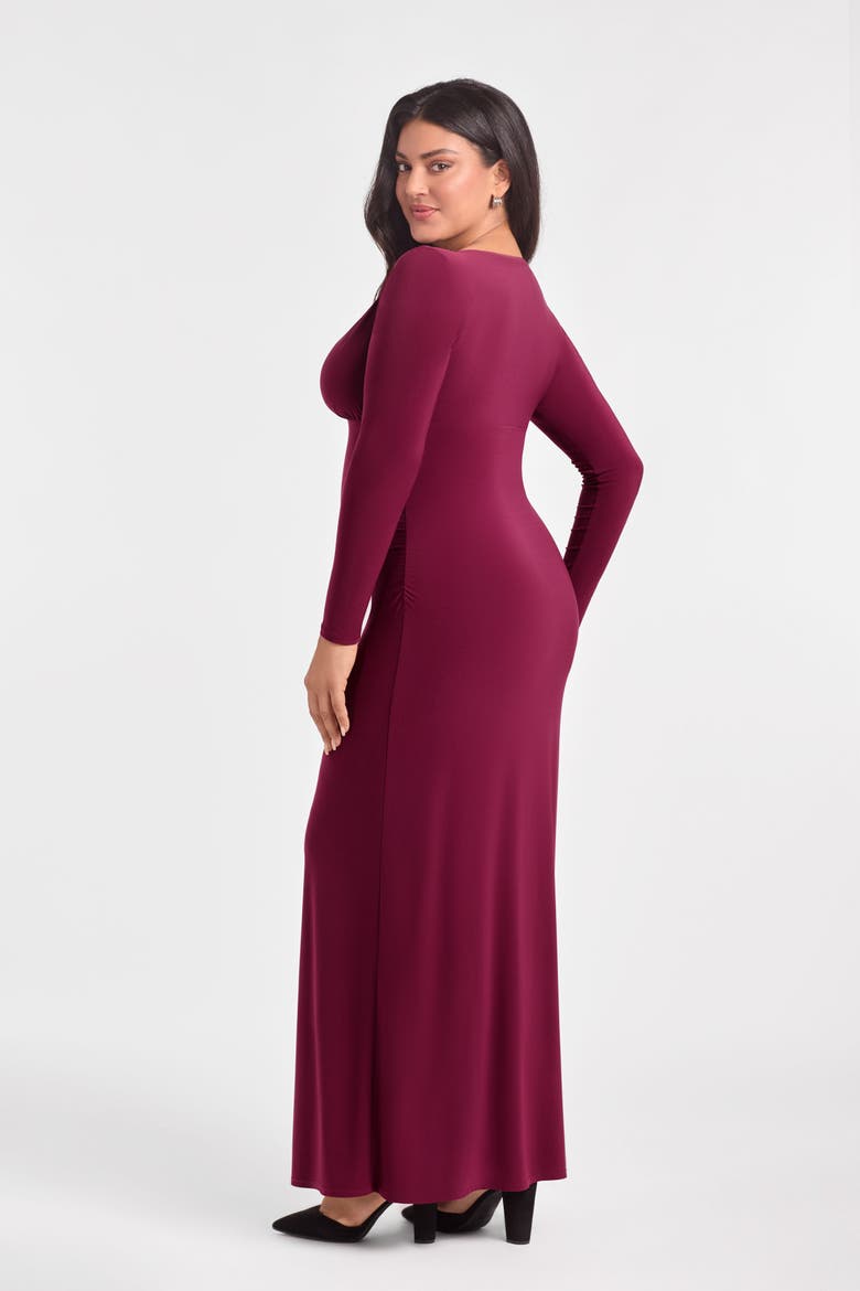 Sculpting Shapewear Shirred V-Neck Long Sleeve Solid Maxi Dress, Alternate, color, Cherry Mocha