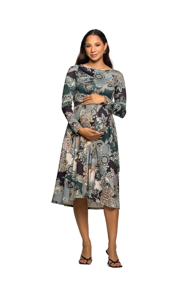 24seven Comfort Apparel Long Sleeve Midi Dress in Paisley Floral Print, Main, color, Green Multi