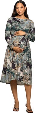 24seven Comfort Apparel Long Sleeve Midi Dress in Paisley Floral Print