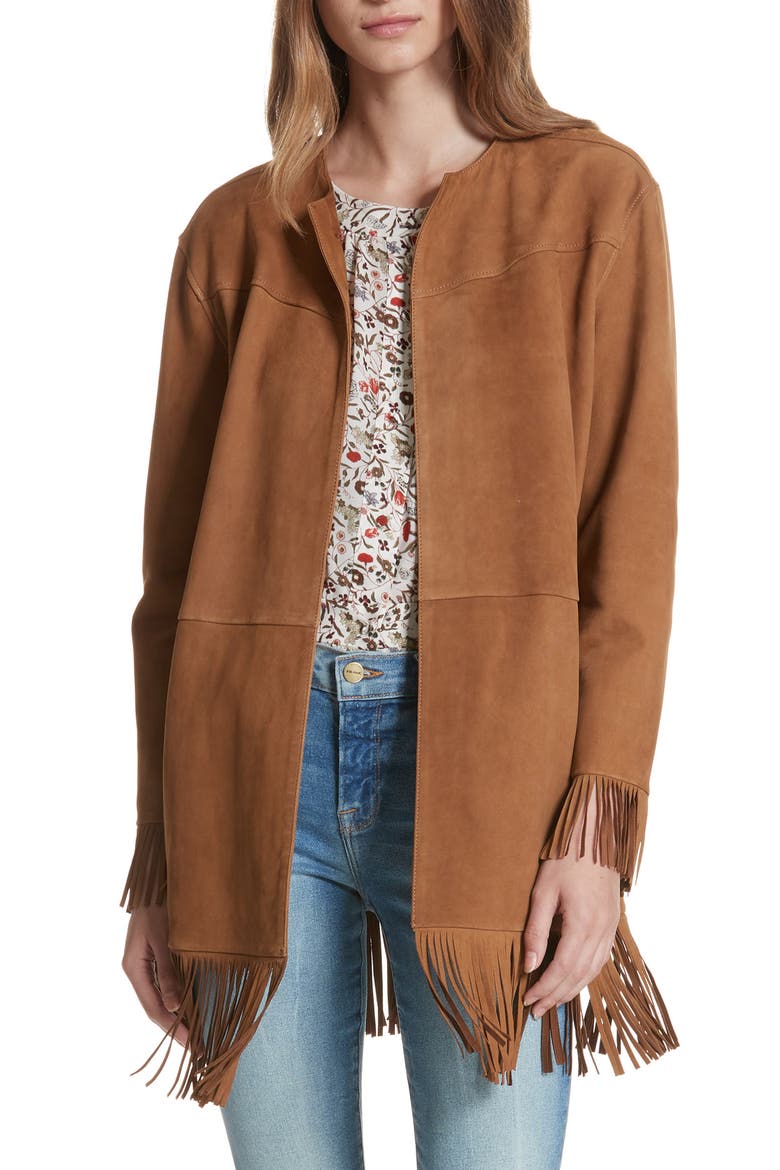 Fringe Trim Suede Jacket, Main, color, WARM TAN