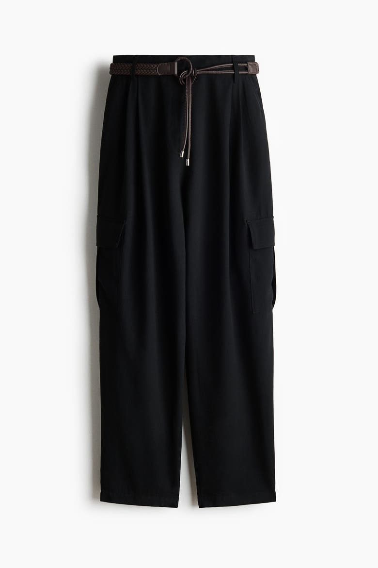 Belted Barrel Trousers, Alternate, color, Black