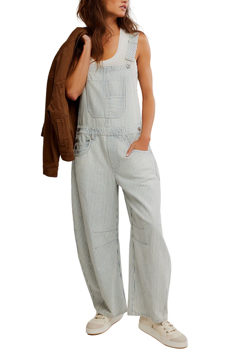Free People Good Luck Stripe Barrel Leg Overalls, Alternate, color, Indigo Railroad