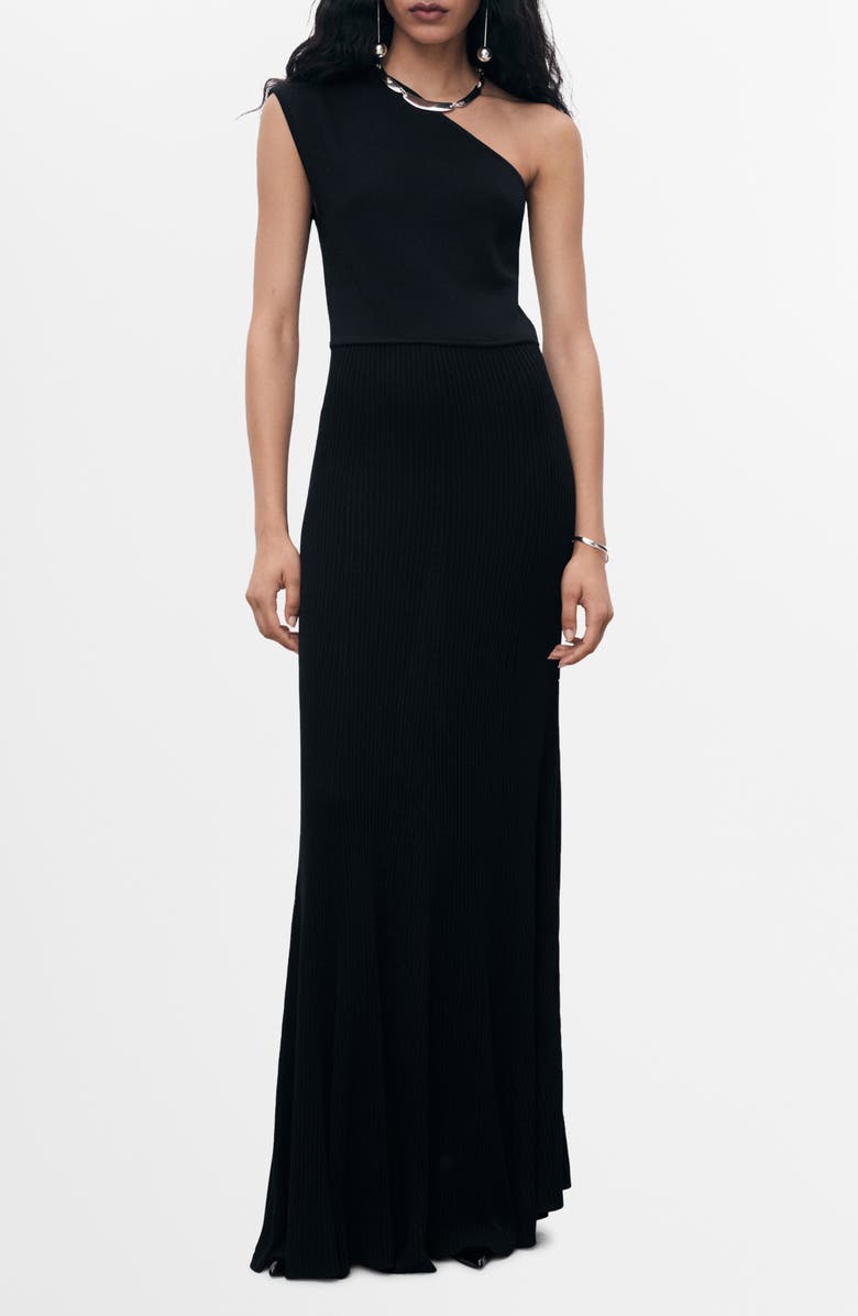 MANGO One-Shoulder Rib Maxi Dress, Main, color, Black