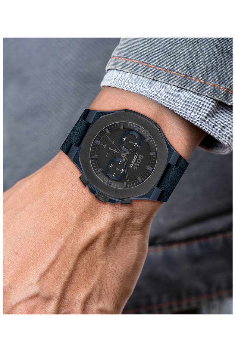 Taper Chronograph Leather Strap Watch, Alternate, color, BLACK
