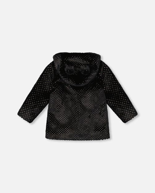 Deux Par Deux Bear Faux Fur Coat With Gold Polka Dots In Black