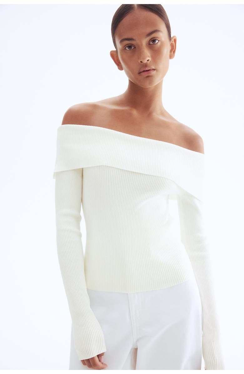 H&M Rib-knit Off-the-shoulder Top, Alternate, color, White