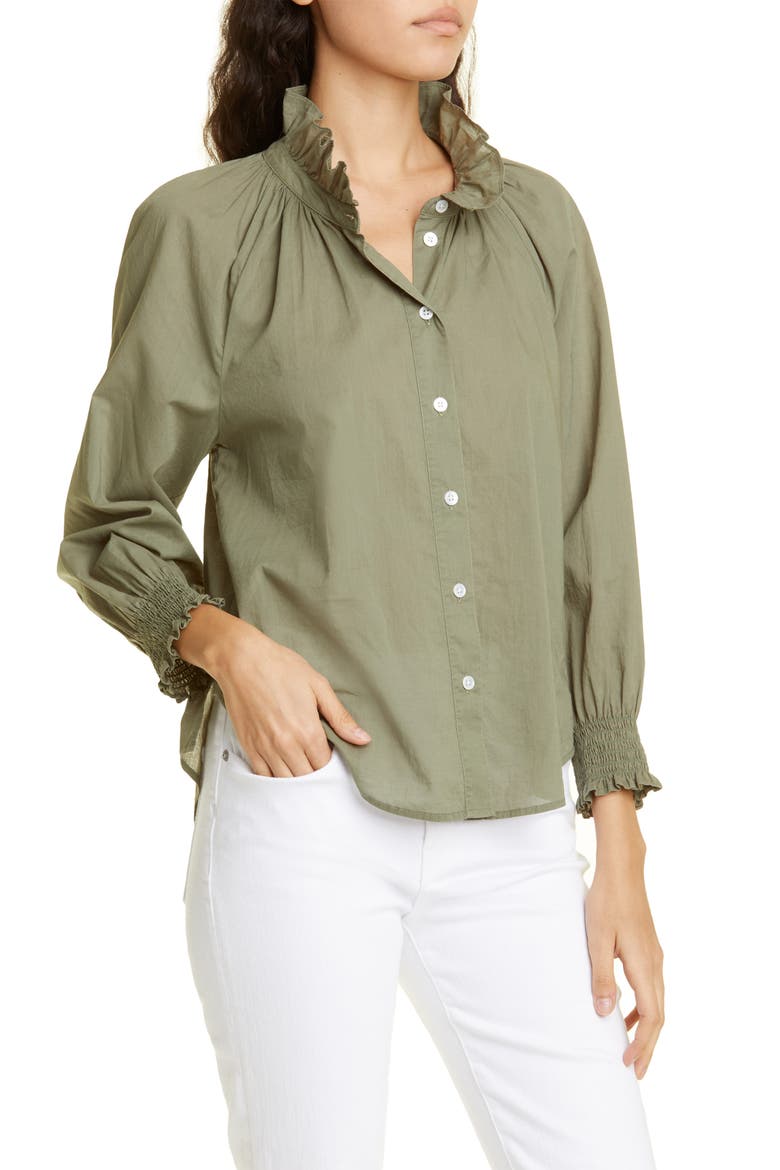 Calisto Ruffle Collar Cotton Button-Up Shirt, Alternate, color, BRIGHT ARMY
