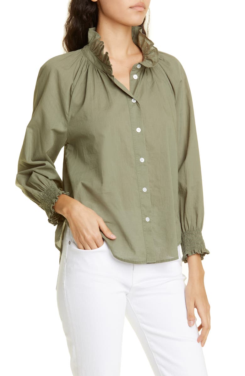 Veronica Beard Calisto Ruffle Collar Cotton Button-Up Shirt, Alternate, color, Bright Army