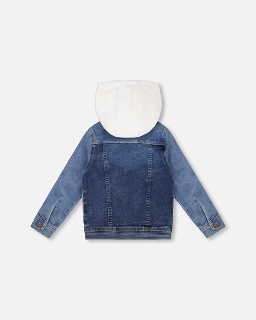 Deux Par Deux Little Boy's Denim Jacket With French Terry Hood White And Denim Blue In White And Denim Blue