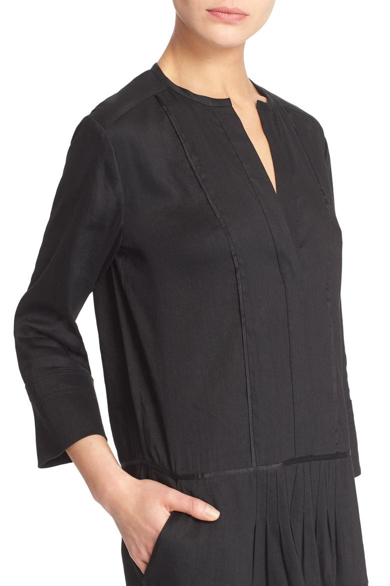 Pleated Drop Waist Linen Blend Dress, Alternate, color, BLACK