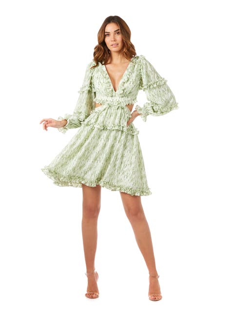 V-Neck Long Sleeve Print Cocktail Short with Cutout and Lace Up Back