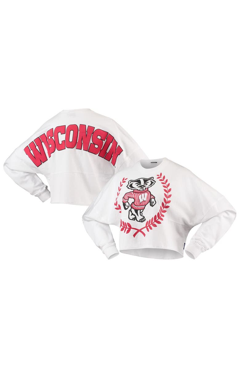 SPIRIT JERSEY Women's White Wisconsin Badgers Laurels Crop Long Sleeve T-Shirt, Main, color, 