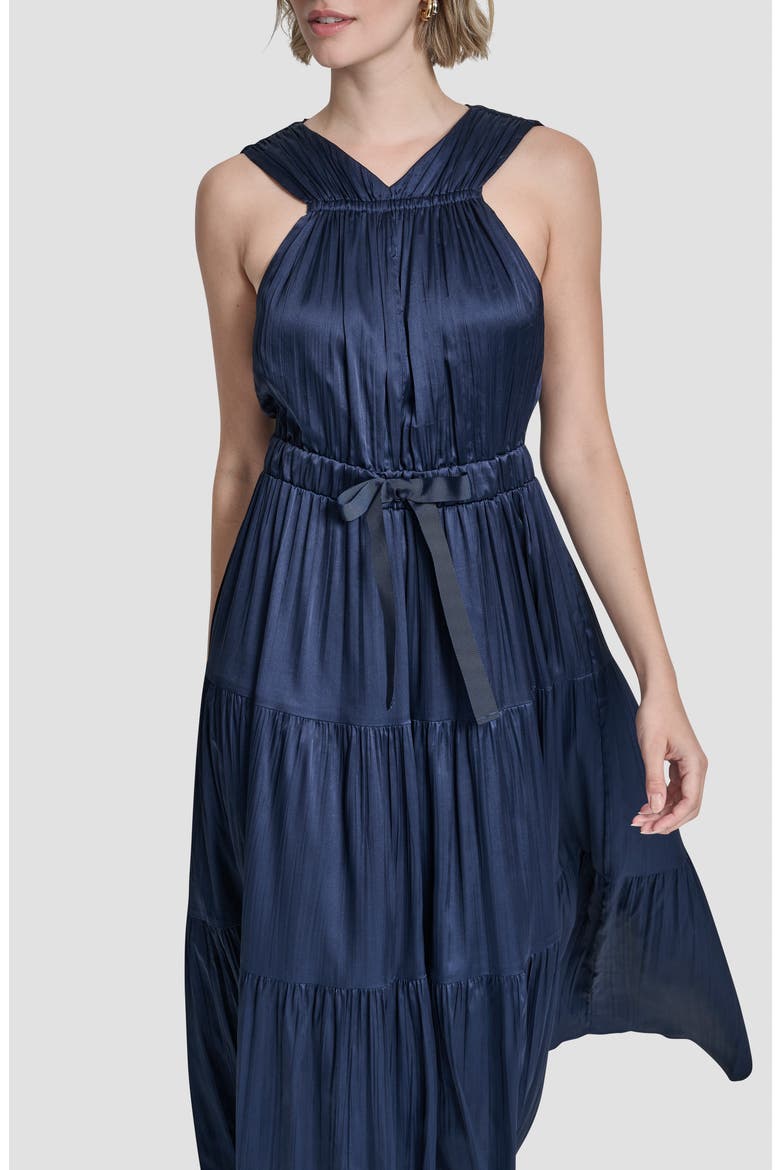 Pleated Tie Waist Satin Midi Dress, Alternate, color, HUDSON BLUE