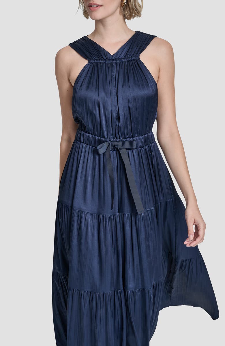 DKNY Pleated Tie Waist Satin Midi Dress, Alternate, color, Hudson Blue