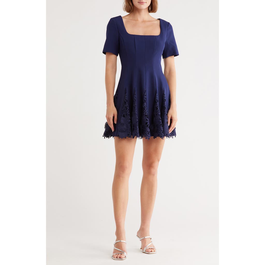Milly Joy Short Sleeve Lace Godet Minidress In Blue