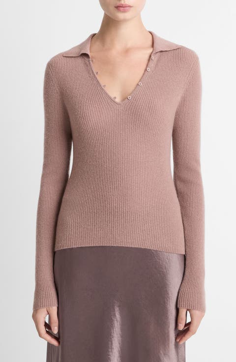 Rib Cashmere & Silk Polo Sweater
