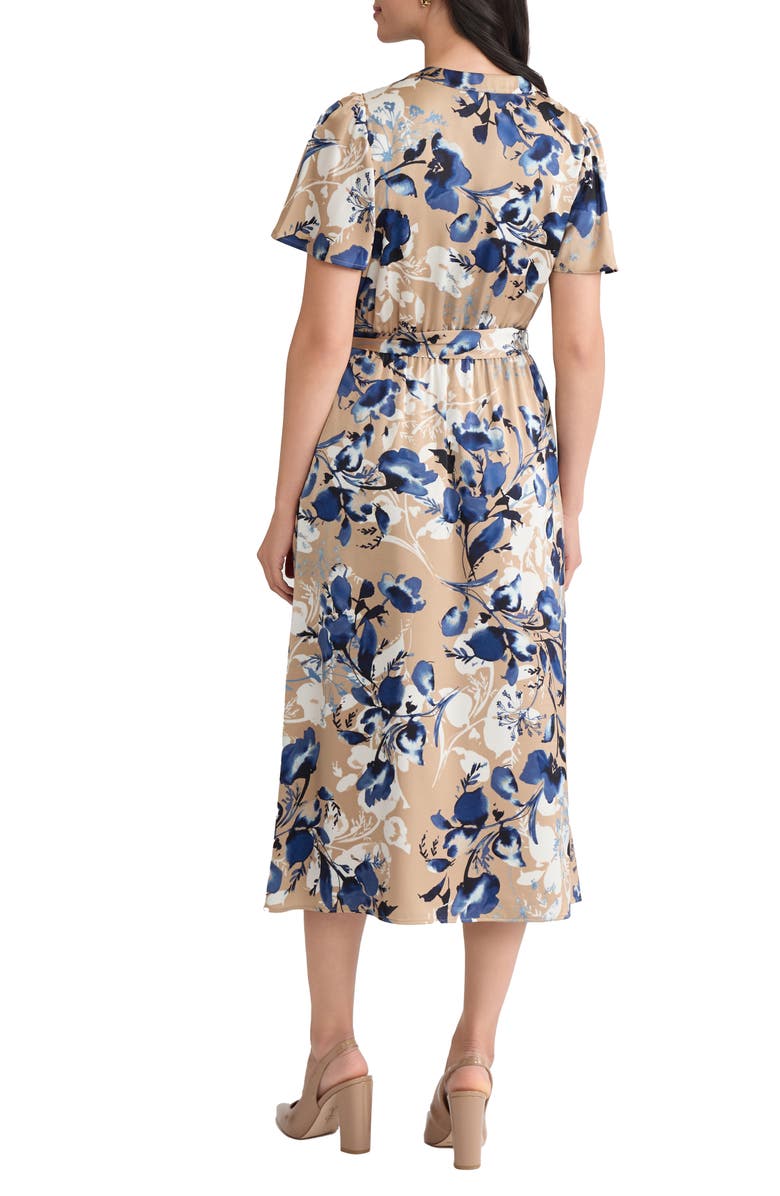 KASPER Print Flutter Sleeve Tie Waist Midi Dress, Alternate, color, Light Sand Multi