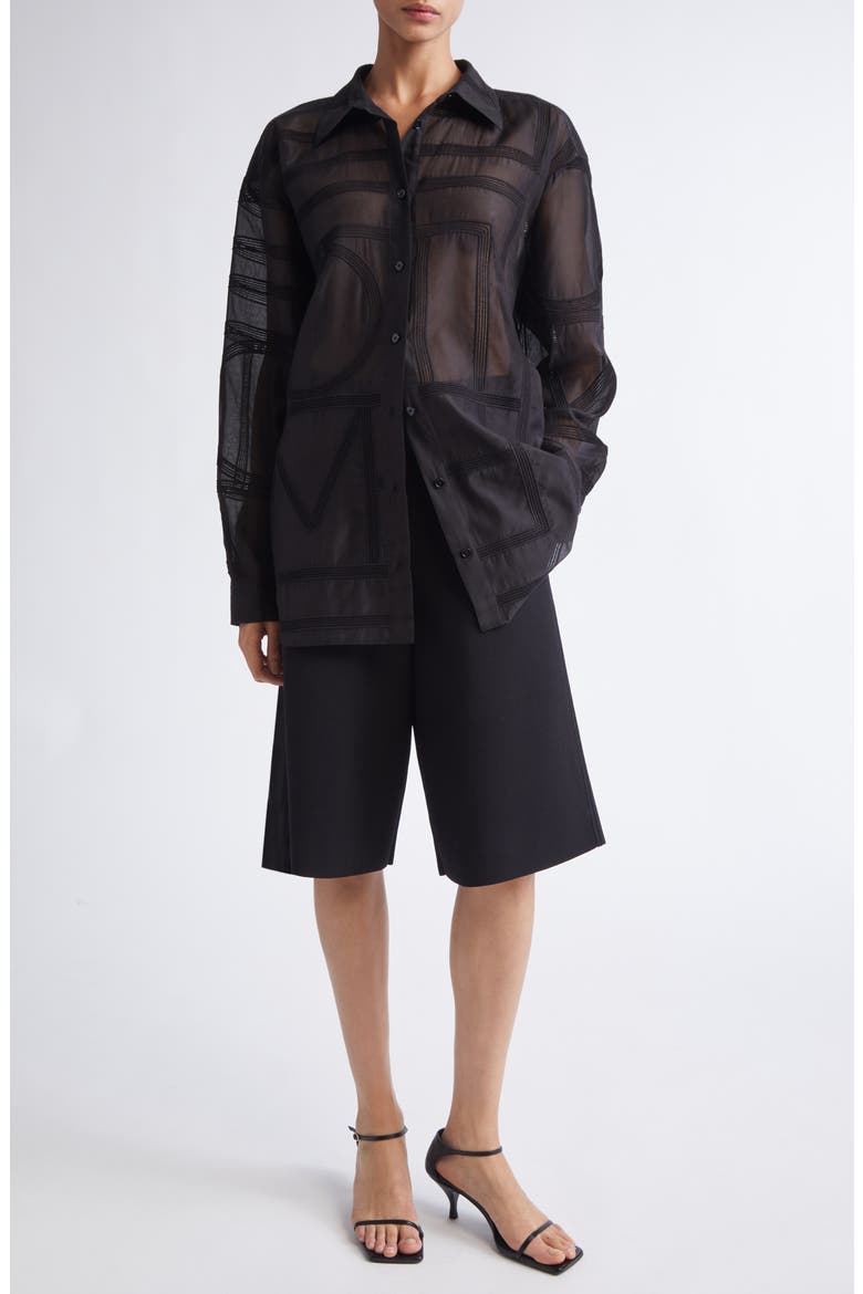 Embroidered Organic Cotton & Silk Monogram Oversize Button-Up Shirt, Alternate, color, BLACK