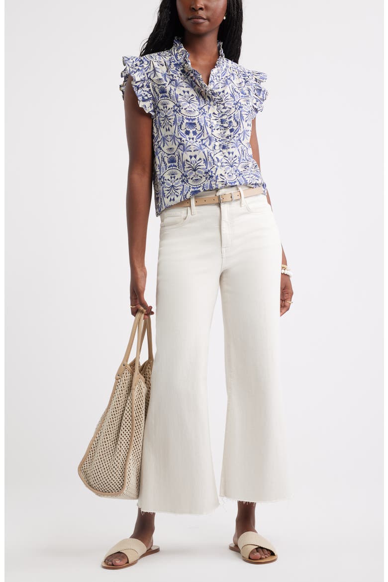 Ruffle Sleeve Cotton Blend Top, Alternate, color, IVORY- NAVY PALM FLORAL