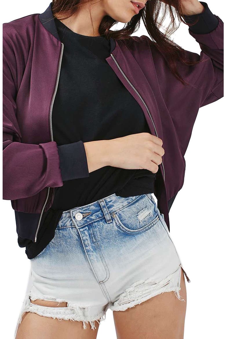 Dolman Sleeve Satin Bomber Jacket, Main, color, AUBERGINE
