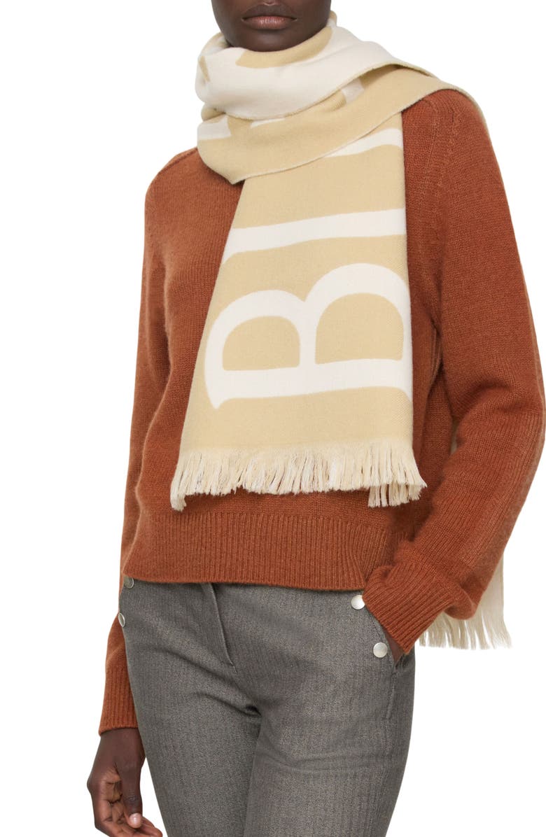 Burberry Reversible Logo Jacquard Wool Scarf, Alternate, color, Sand