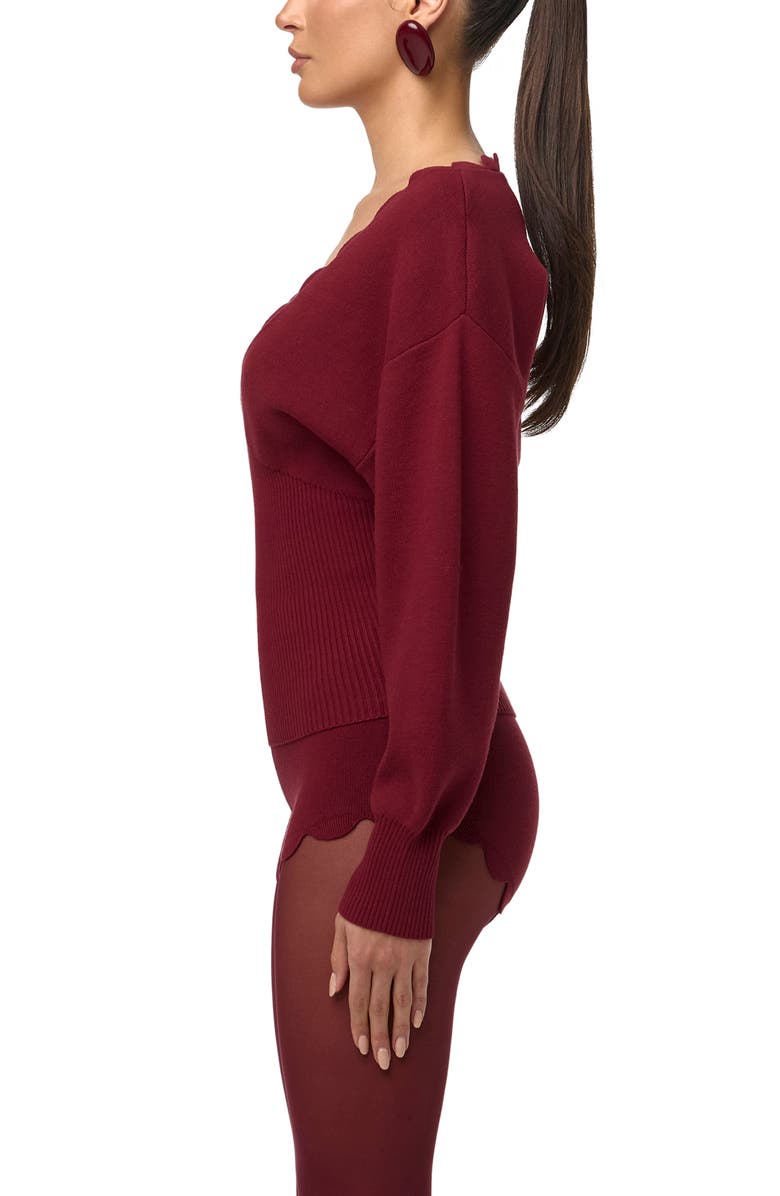 Naked Wardrobe Scallop Trim V-Neck Sweater, Alternate, color, Red