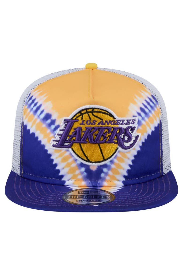Men's New Era Purple/Gold Los Angeles Lakers Throwback Dye Golfer Snapback Hat, Alternate, color, Purple
