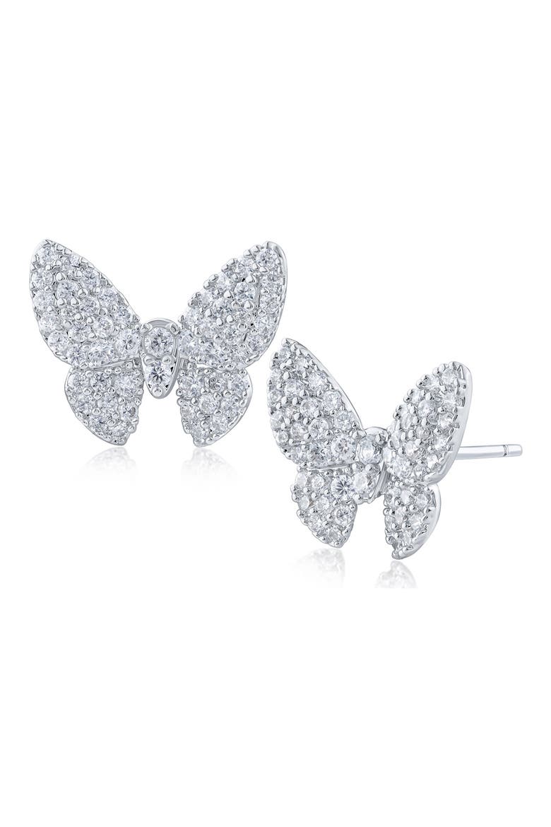 Pavé Cubic Zirconia Butterfly Stud Earrings, Main, color, SILVER