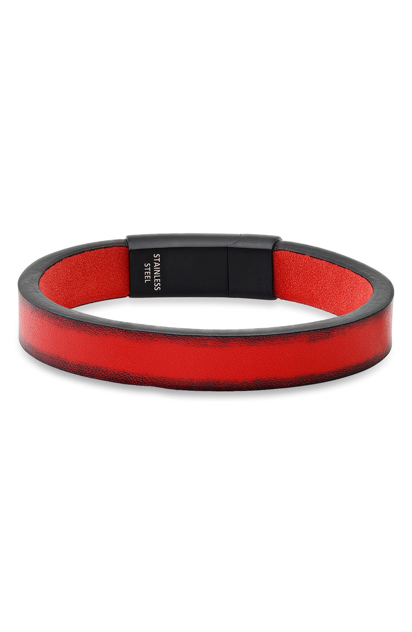 STEELTIME Men's Stainless Steel Red Leather Bracelet