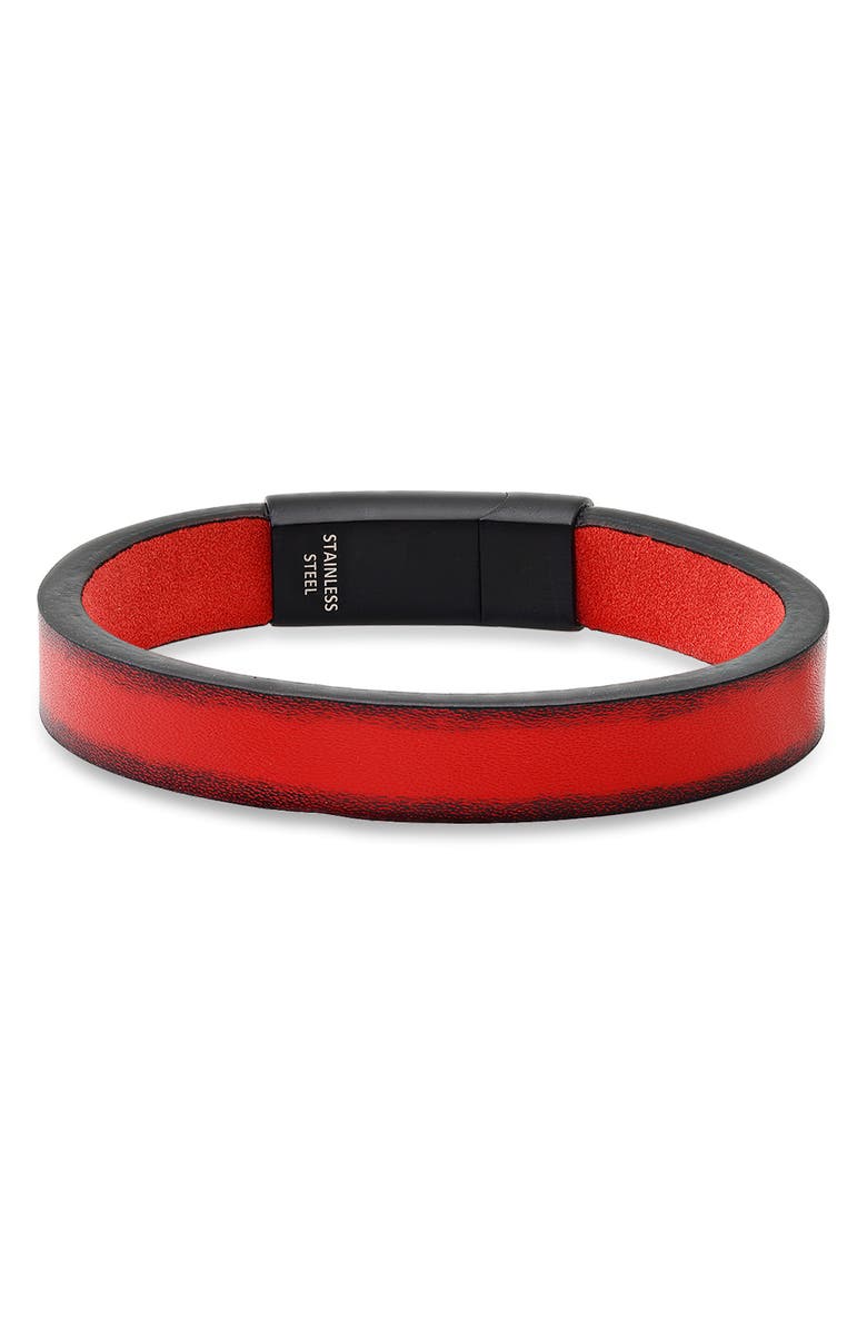 STEELTIME Men's Stainless Steel Red Leather Bracelet, Main, color, Red-Black