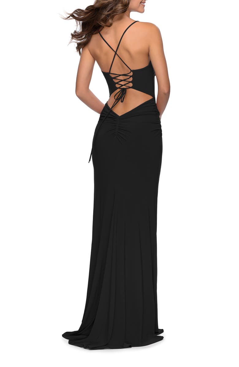La Femme Chic Jersey Dress with Intricate Lace Up Back, Alternate, color, Black
