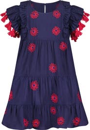 Mer St. Barth Sophie Girls Tassel Dress Navy Embroidery