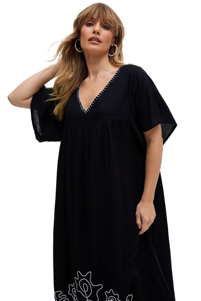 Candy Tabard Embroidered Hem Midi Dress, Alternate, color, Black