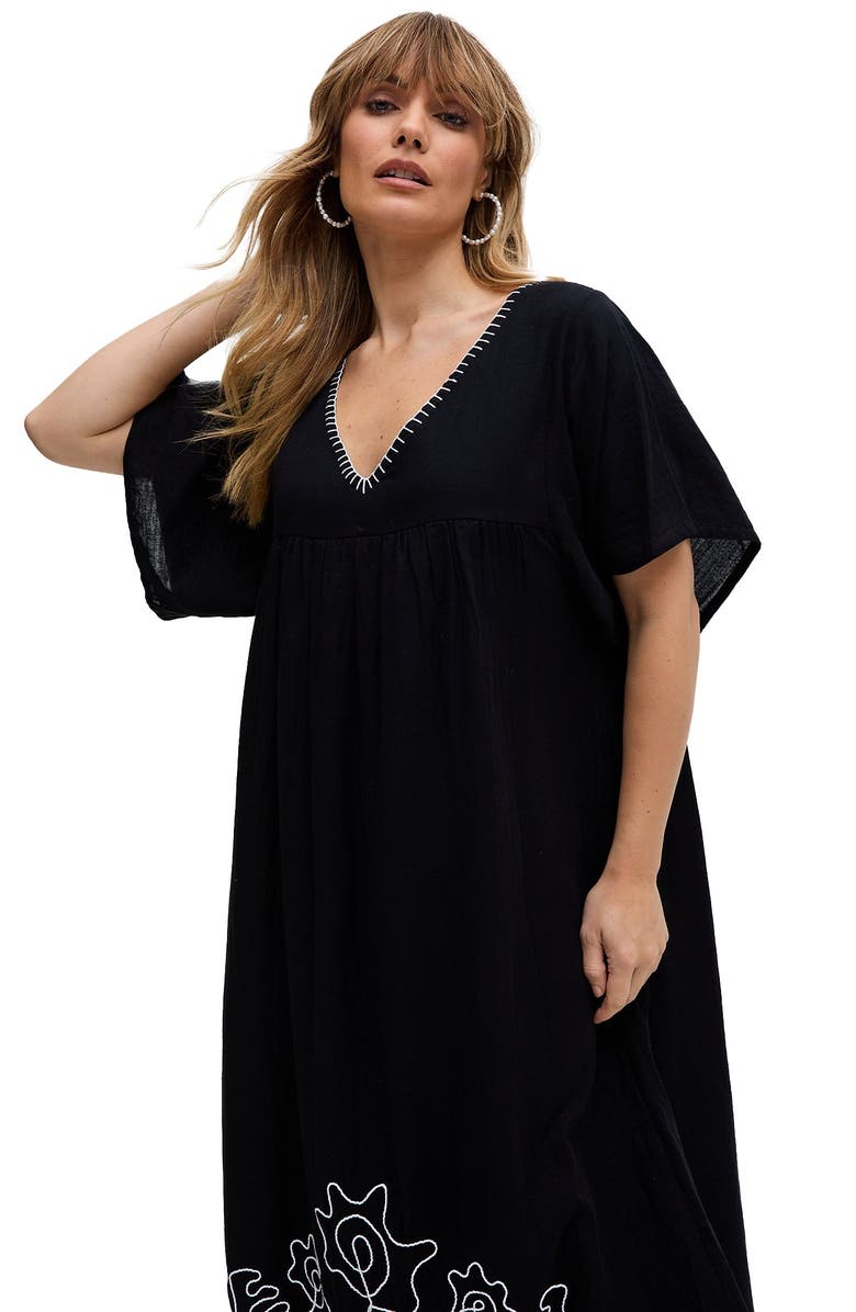 Raffya Candy Tabard Embroidered Hem Midi Dress, Alternate, color, Black