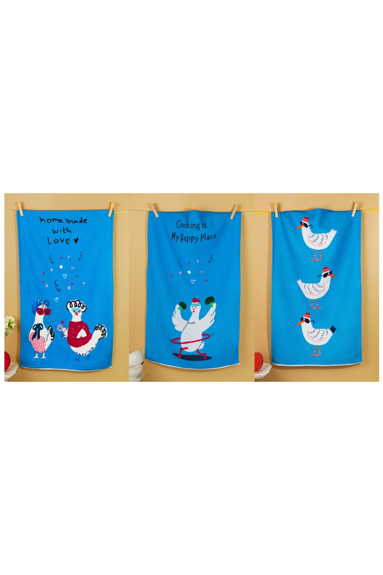 The Happy Place Set of 3 Cotton Kitchen Towels, Alternate, color, BLUE/ RED