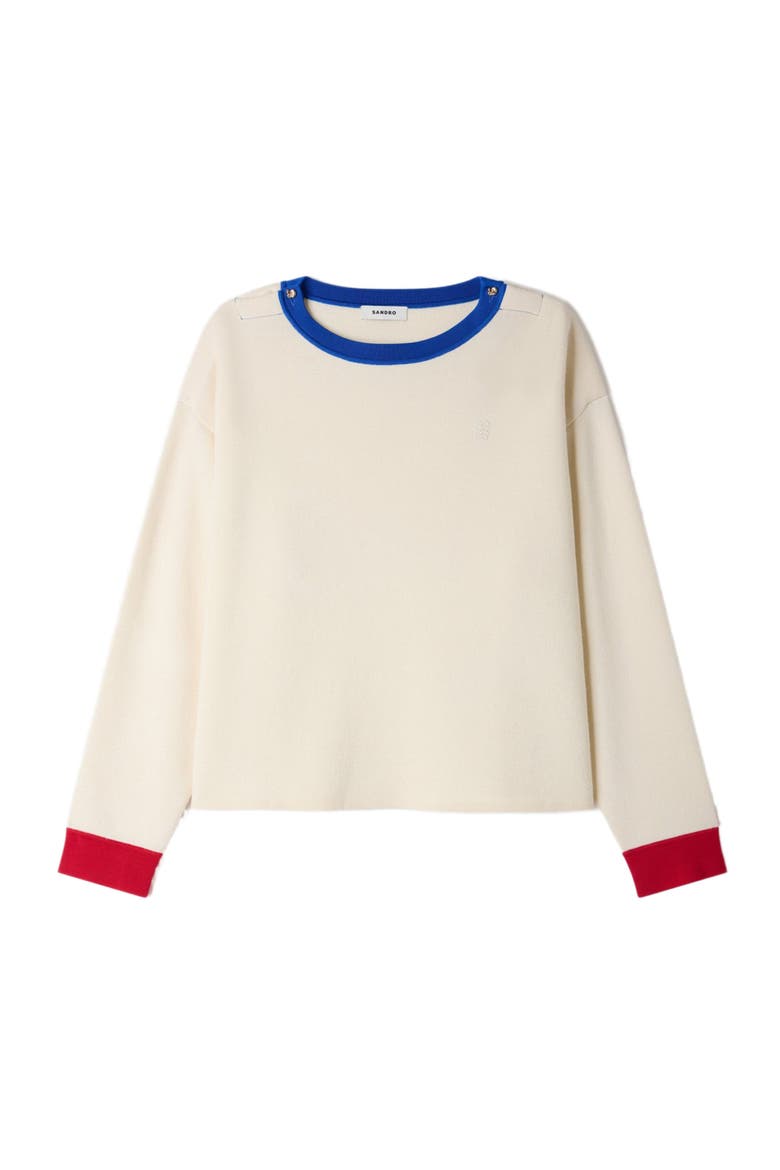 Contrast Round-neck Wool Sweater, Alternate, color, Ecru