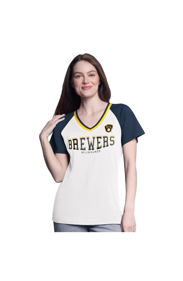 G-III 4HER BY CARL BANKS Women's G-III 4Her by Carl Banks  White/Navy Milwaukee Brewers Ball Park Raglan V-Neck T-Shirt, Alternate, color, White