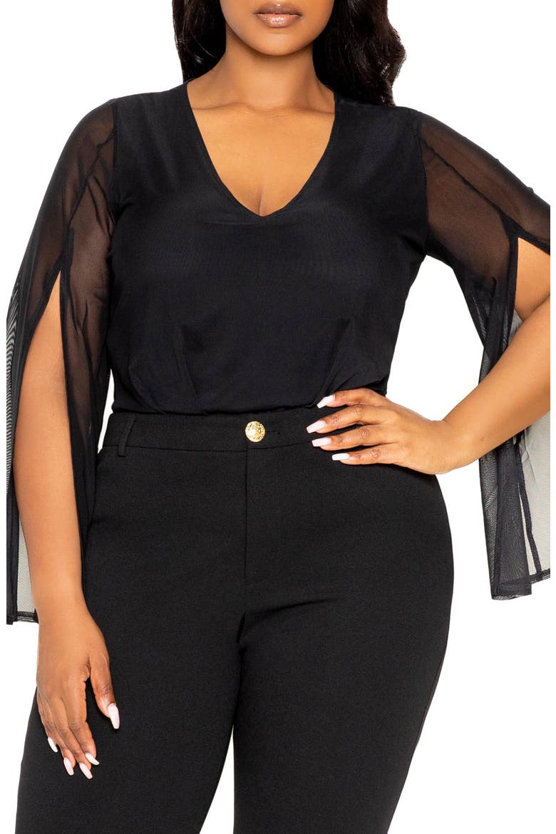 Mesh Long Sleeve Bodysuit, Main, color, BLACK