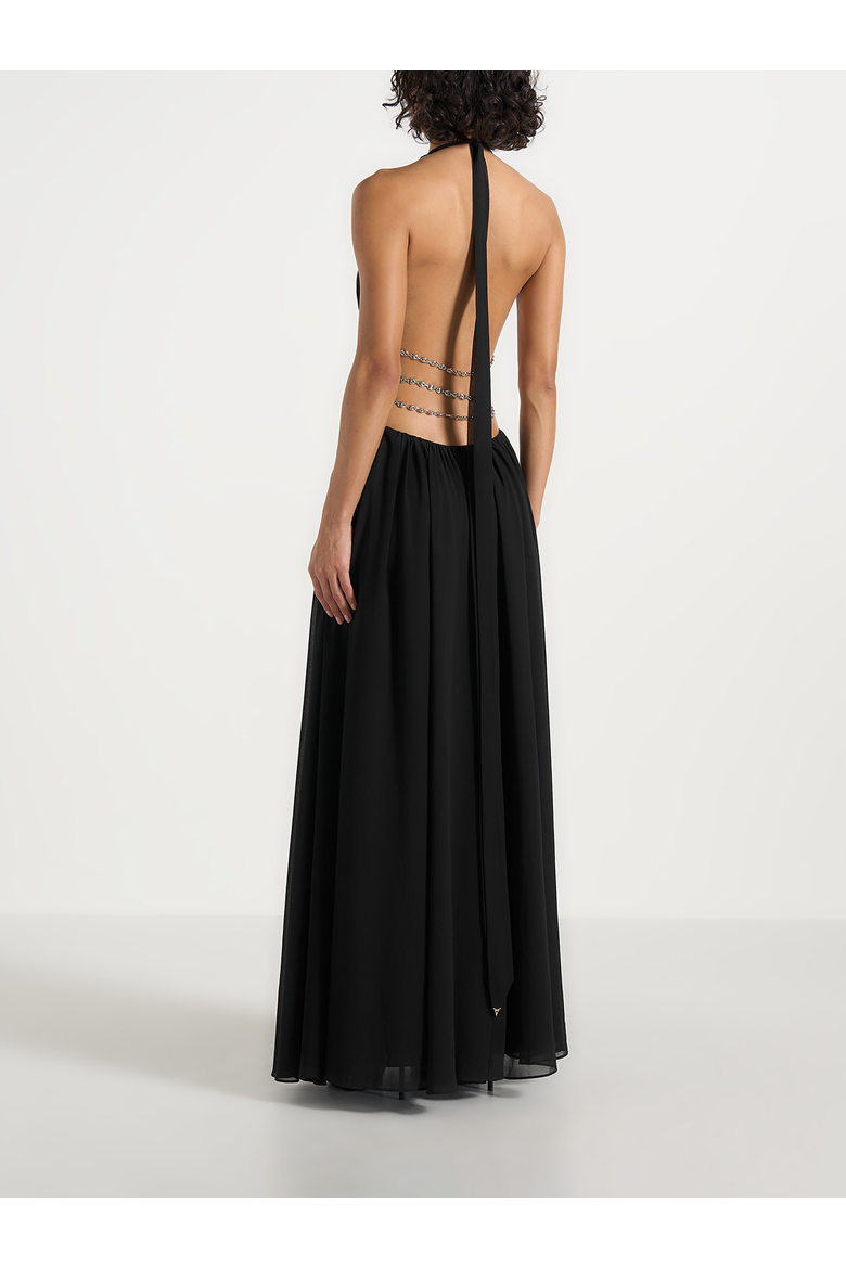 June Chain Belt Cut-Out Georgette Halter Maxi Dress, Alternate, color, Black